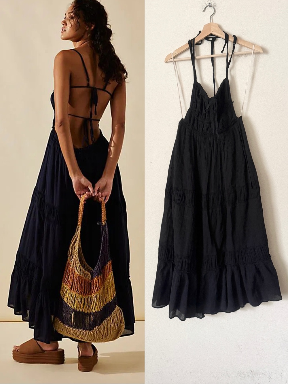 Free People SMALL Taking Sides tie back lined pocketed maxi dress in black